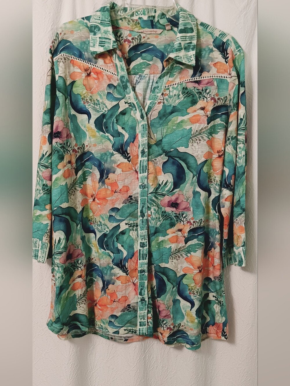 Soft Surroundings Floral Watercolor Tunic Shirt in Teal & Coral Size XL